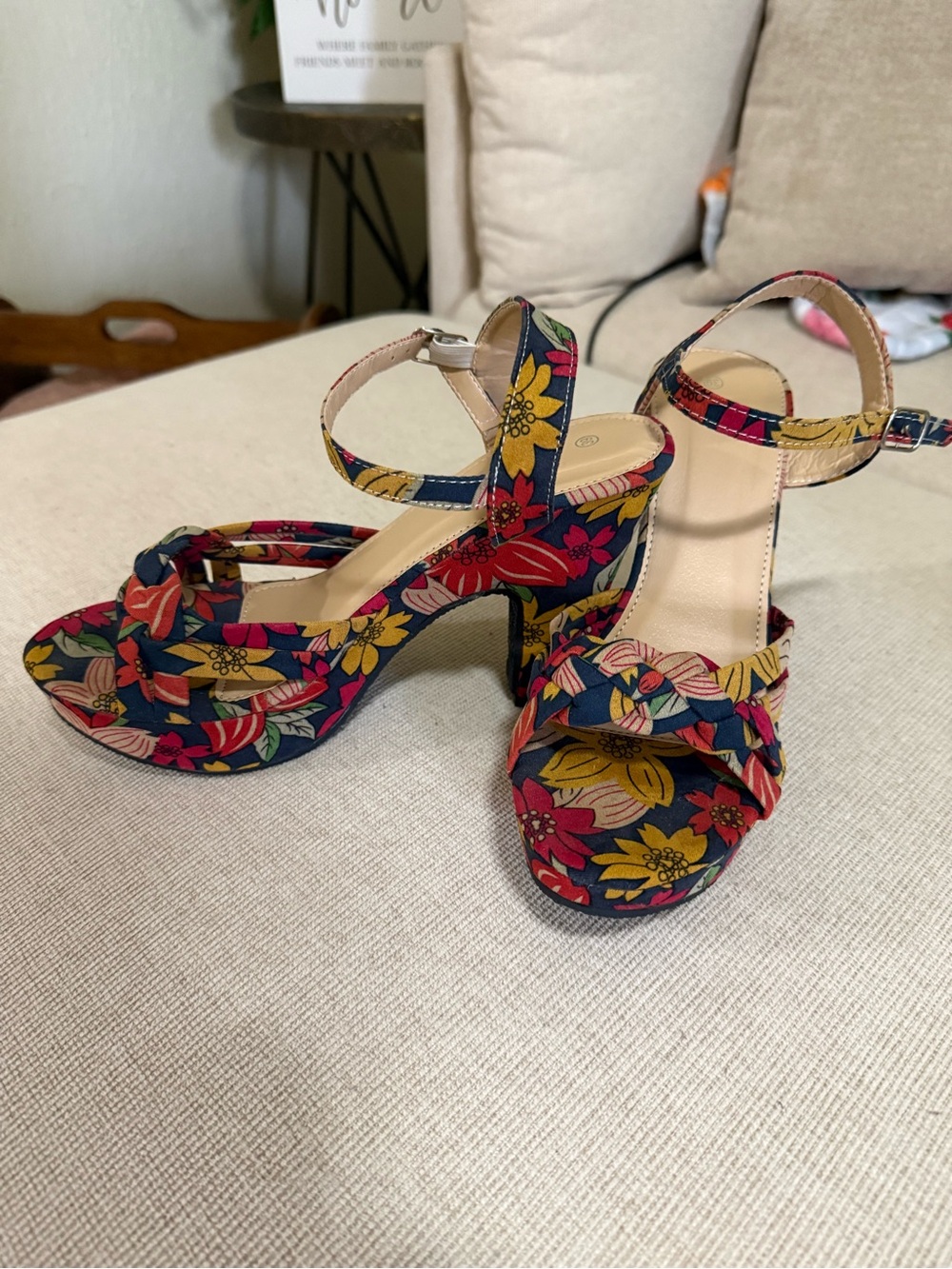 Floral Ankle-Strap Platform Heels - Multicolor